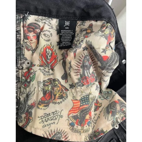 Ed Hardy 90s Flare black jeans Tiger head embroidery boho logo sz 34 - Picture 13 of 14